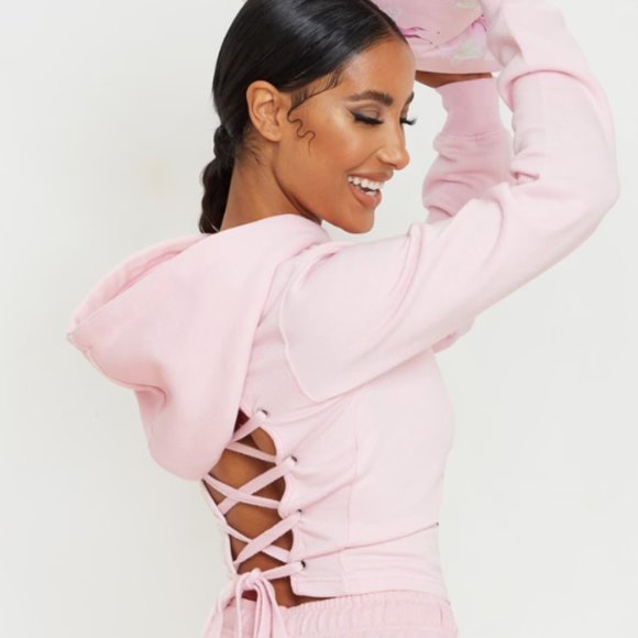 BABY PINK LACE UP BACK CROP HOODIE - Picture 2 of 5